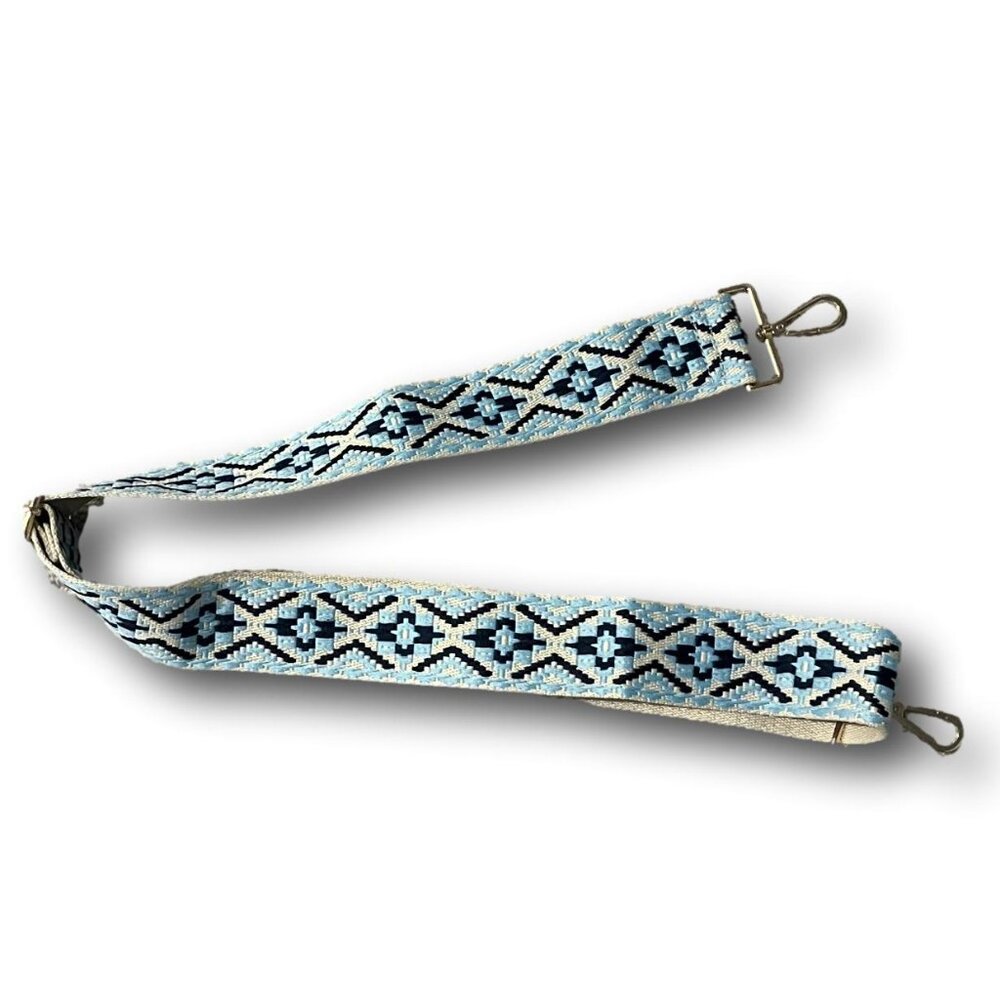 BOGO Geometric Blue and Beige Bag Strap with Gold Hardware - Picture 3 of 7